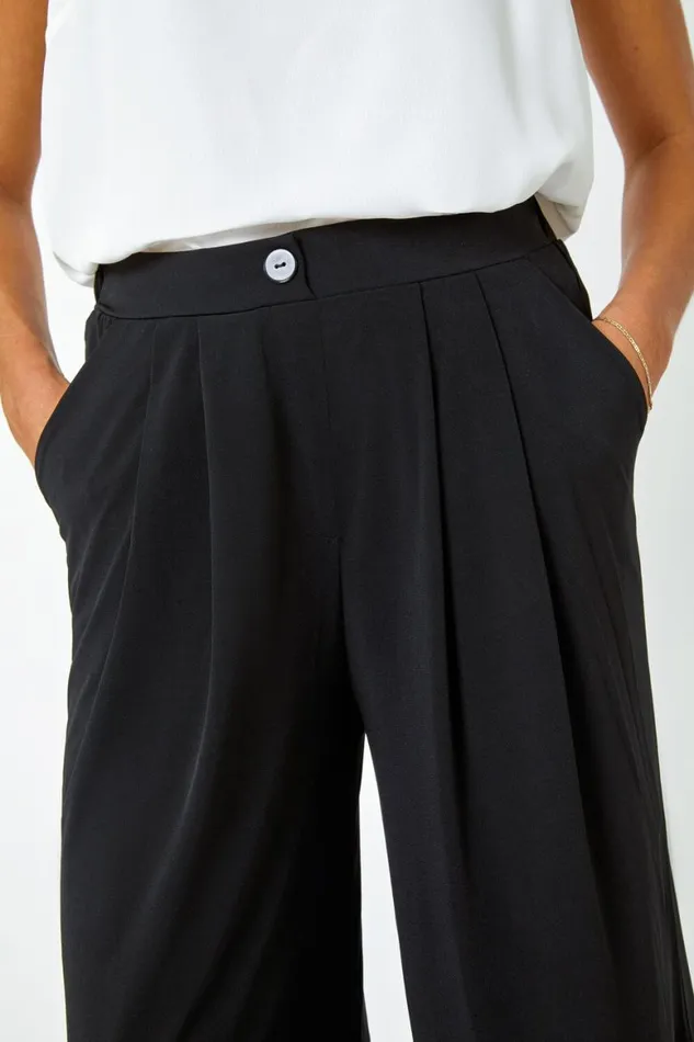 Women Black Button Detail Wide Leg Stretch Trousers Roman Trousers
