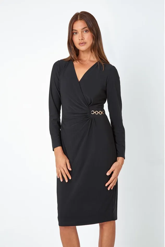 Women Black Chain Detail Wrap Stretch Midi Dress Roman Dresses