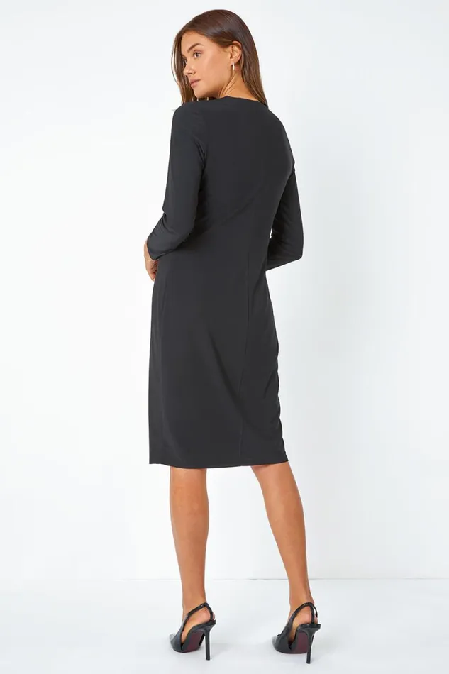 Women Black Chain Detail Wrap Stretch Midi Dress Roman Dresses