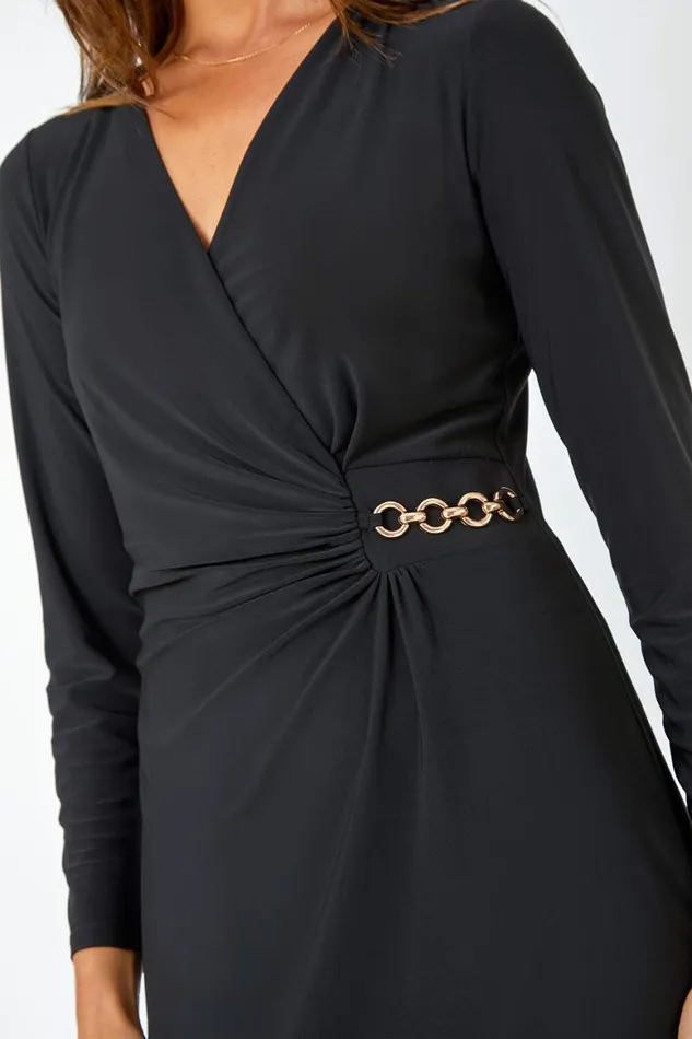 Women Black Chain Detail Wrap Stretch Midi Dress Roman Dresses