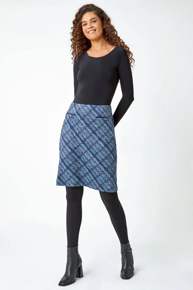 Women Black Check Print Elastic Waist Pencil Skirt Roman Skirts