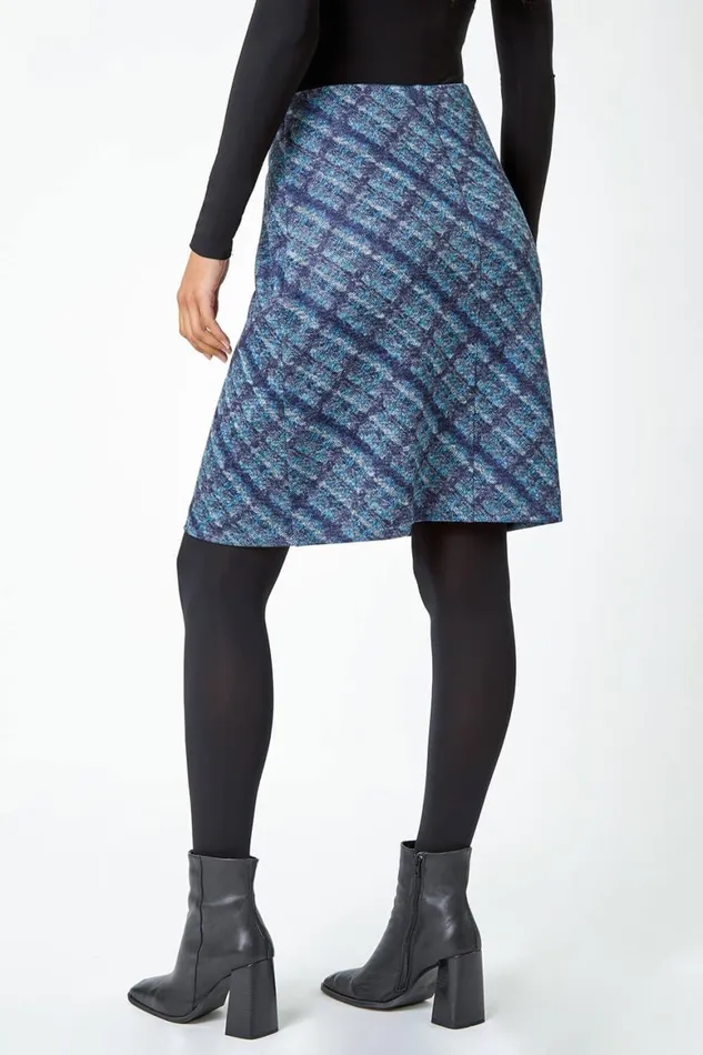 Women Black Check Print Elastic Waist Pencil Skirt Roman Skirts