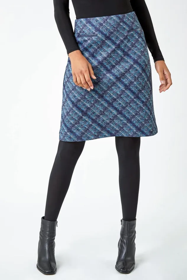Women Black Check Print Elastic Waist Pencil Skirt Roman Skirts
