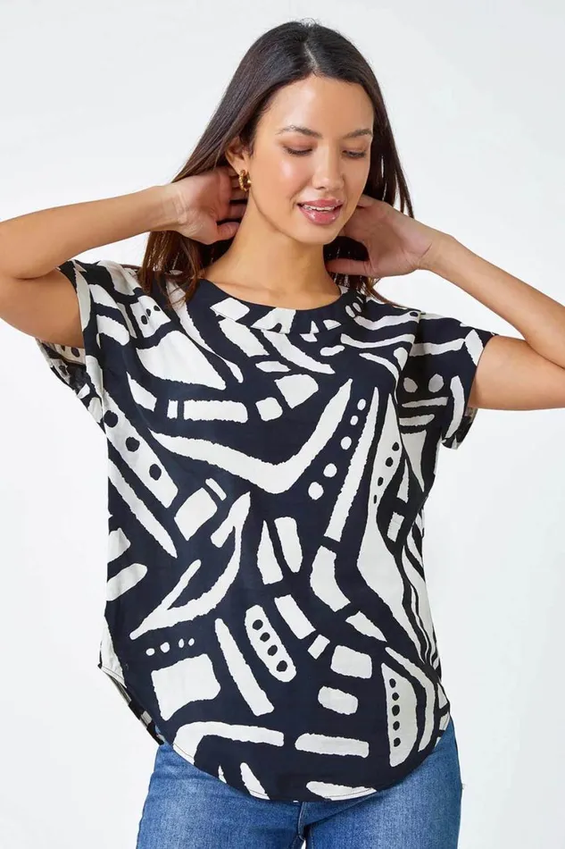 Women Black Contrast Abstract Print Top Roman Tops