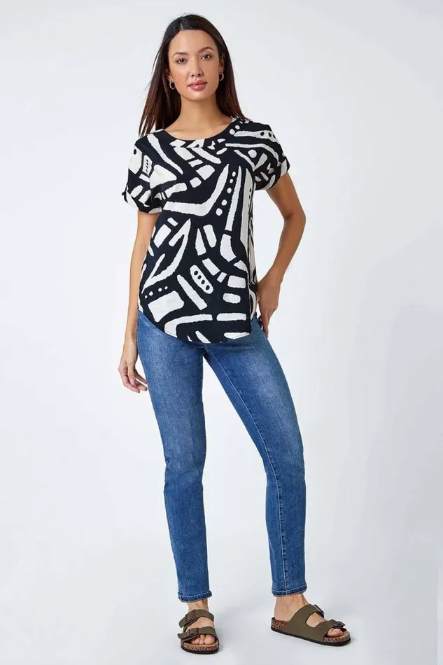 Women Black Contrast Abstract Print Top Roman Tops