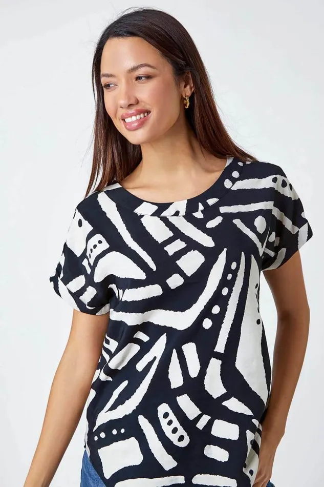 Women Black Contrast Abstract Print Top Roman Tops