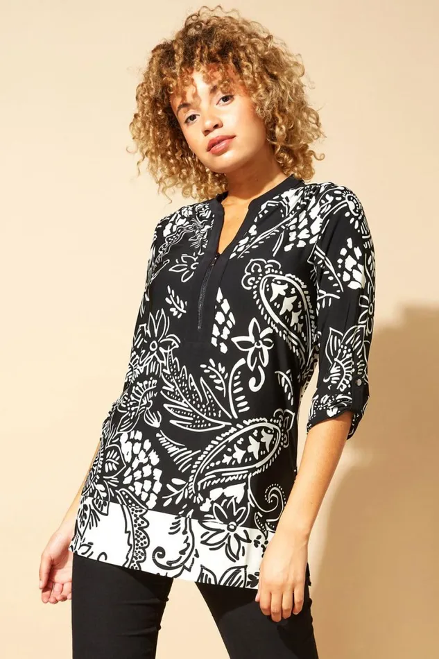 Women Black Contrast Paisley Zip Detail Longline Tunic Top Roman Tops