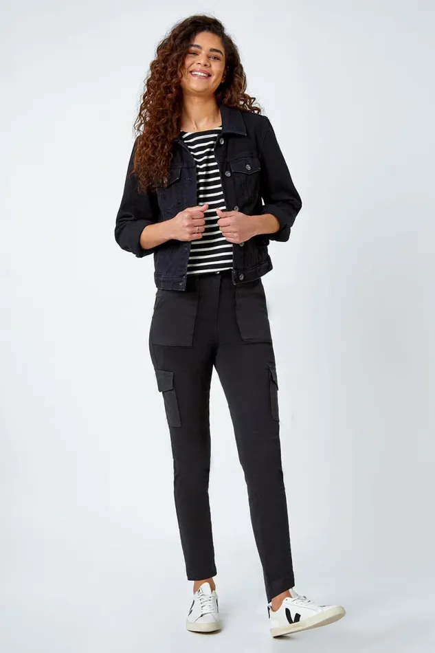 Women Black Cotton Blend Cargo Stretch Jegging Roman Trousers