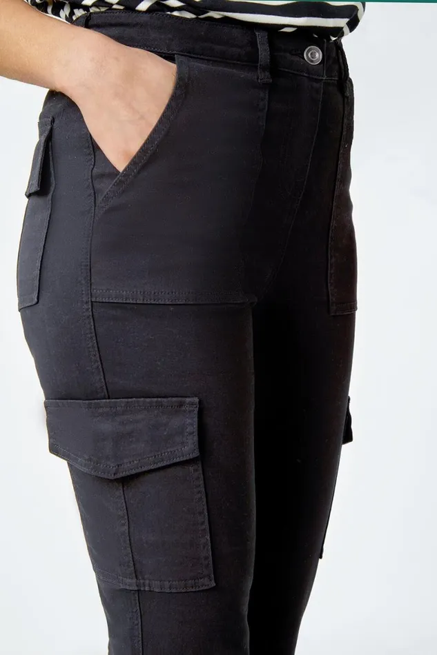 Women Black Cotton Blend Cargo Stretch Jegging Roman Trousers