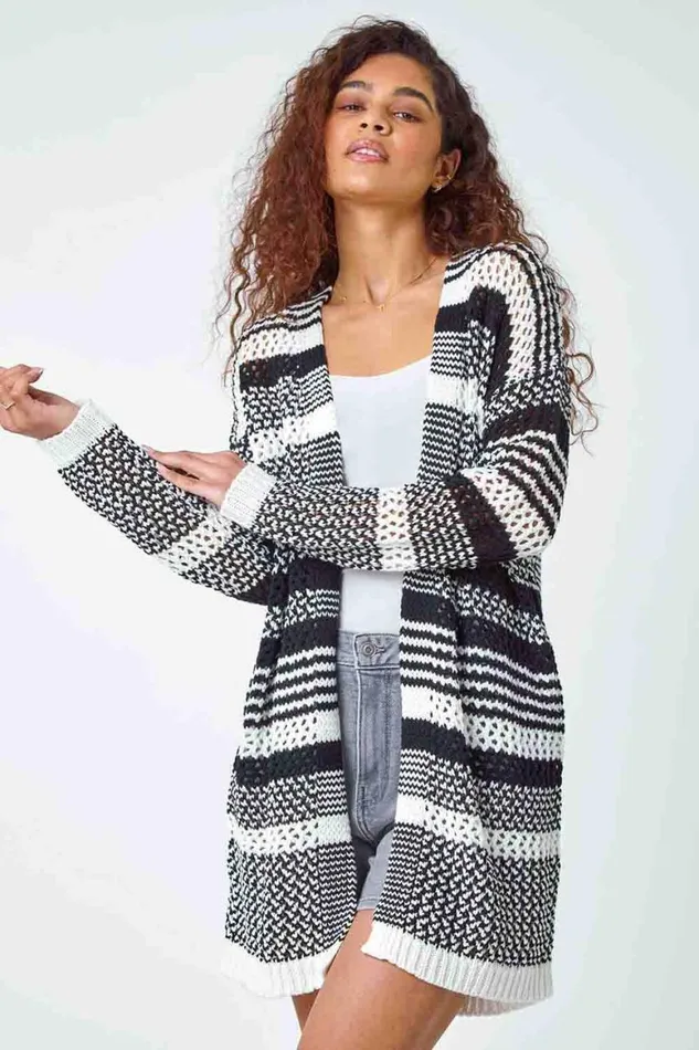 Women Black Cotton Blend Stripe Longline Cardigan Roman Knitwear