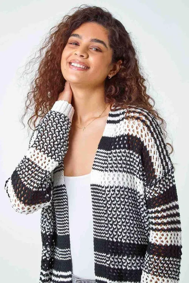 Women Black Cotton Blend Stripe Longline Cardigan Roman Knitwear