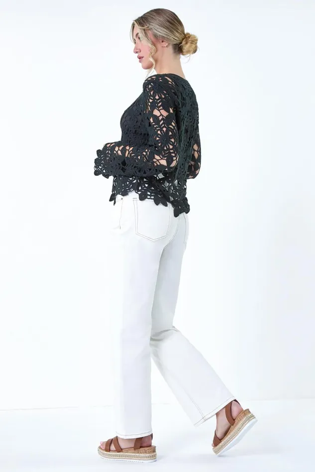 Women Black Crochet Knit Jumper Roman Tops