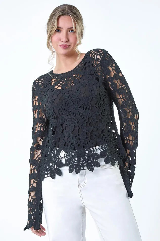 Women Black Crochet Knit Jumper Roman Tops