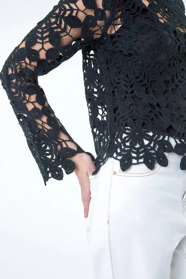 Women Black Crochet Knit Jumper Roman Tops