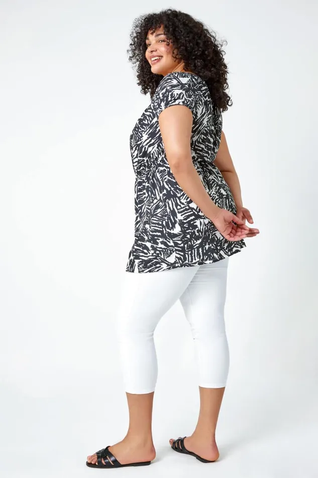 Women Black Curve Abstract Print Bardot Stretch Top Roman Tops