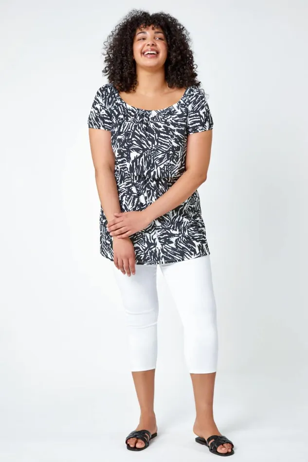 Women Black Curve Abstract Print Bardot Stretch Top Roman Tops