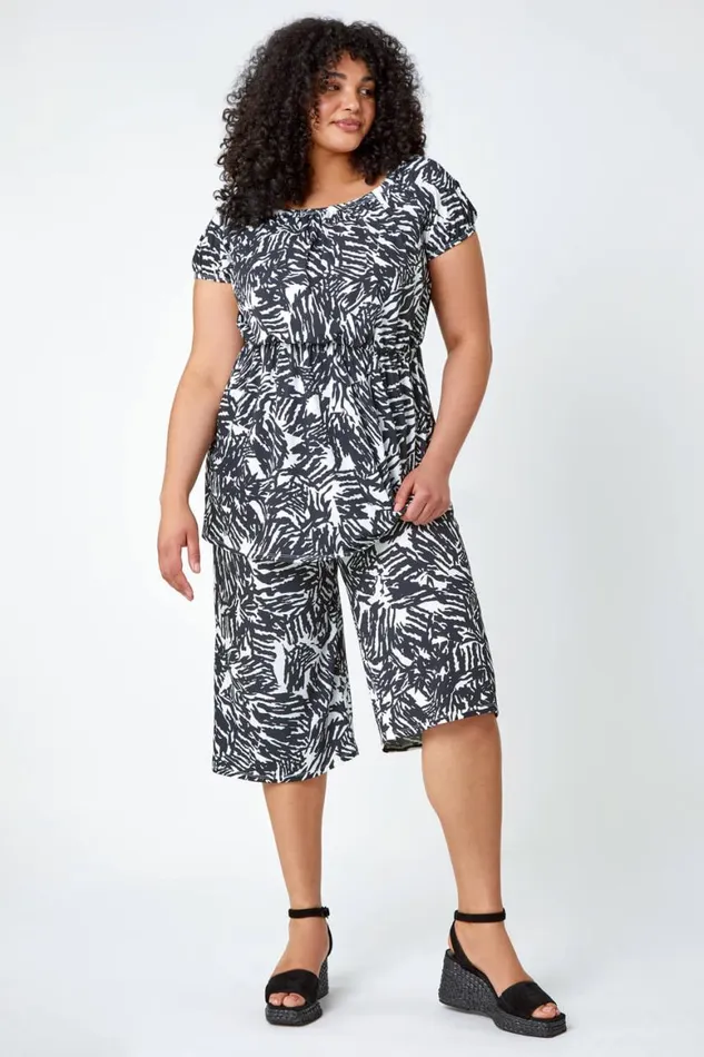 Women Black Curve Abstract Print Bardot Stretch Top Roman Tops