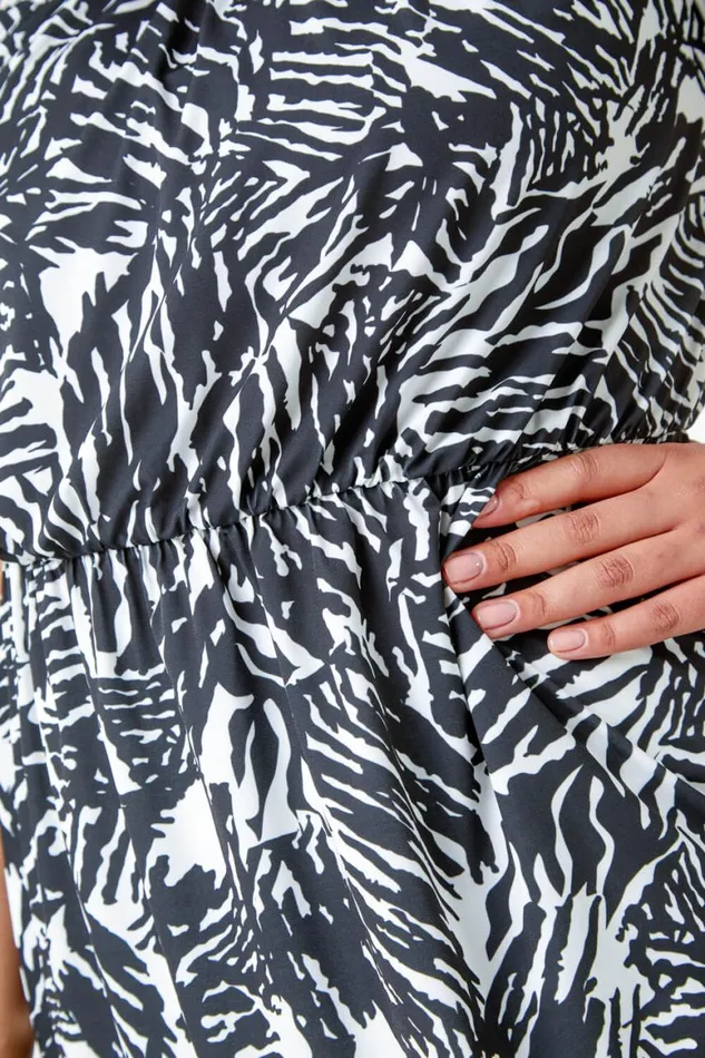 Women Black Curve Abstract Print Bardot Stretch Top Roman Tops