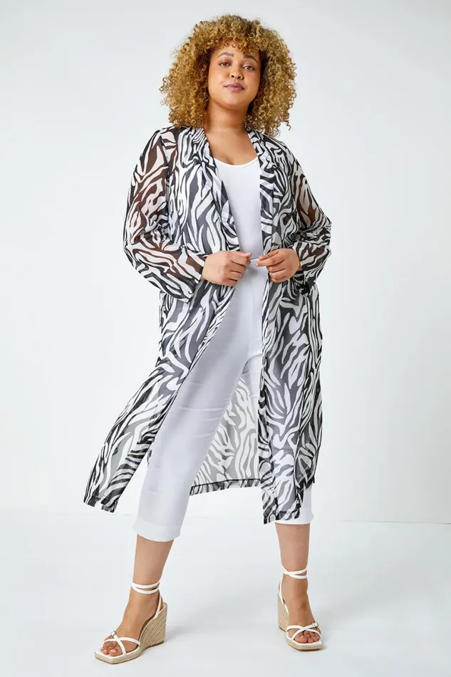 Women Black Curve Abstract Print Longline Kimono Roman Tops