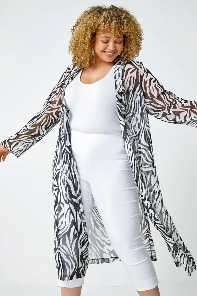 Women Black Curve Abstract Print Longline Kimono Roman Tops