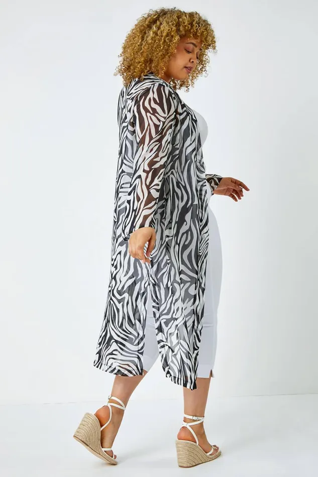 Women Black Curve Abstract Print Longline Kimono Roman Tops