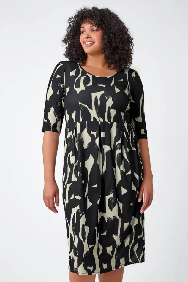 Women Black Curve Abstract Print Stretch Dress Roman Dresses