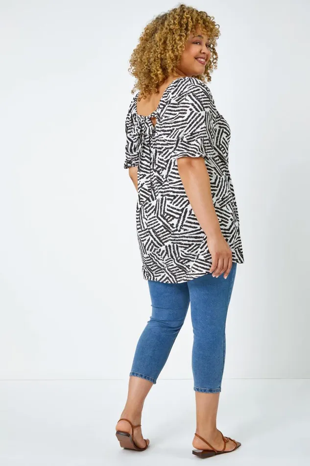 Women Black Curve Abstract Print Tie Detail Top Roman Tops