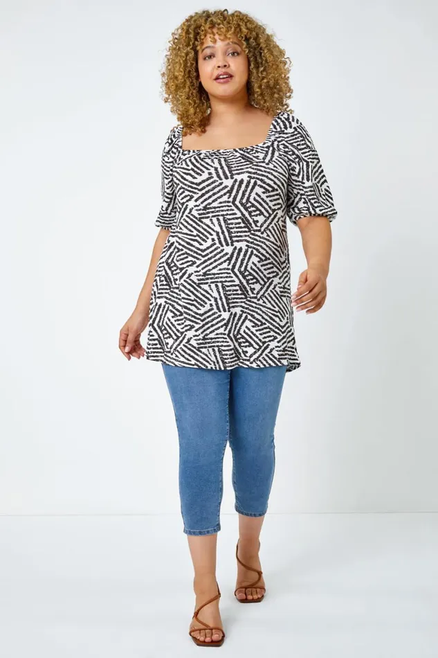 Women Black Curve Abstract Print Tie Detail Top Roman Tops