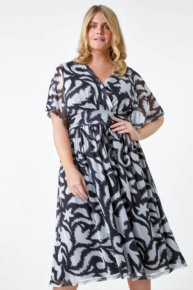 Women Black Curve Abstract Stretch Mesh Wrap Dress Roman Dresses