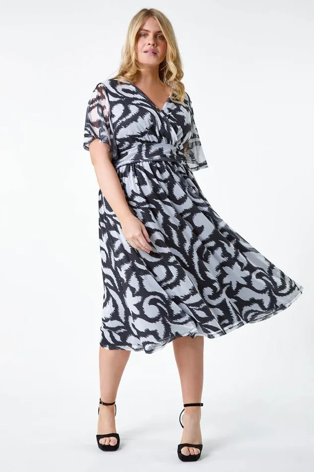 Women Black Curve Abstract Stretch Mesh Wrap Dress Roman Dresses