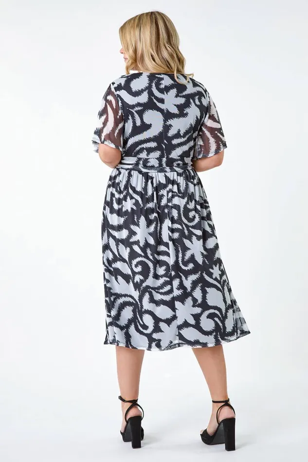Women Black Curve Abstract Stretch Mesh Wrap Dress Roman Dresses