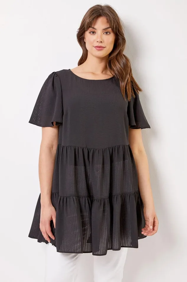 Women Black Curve Check Texture Tiered Tunic Top Roman Tops