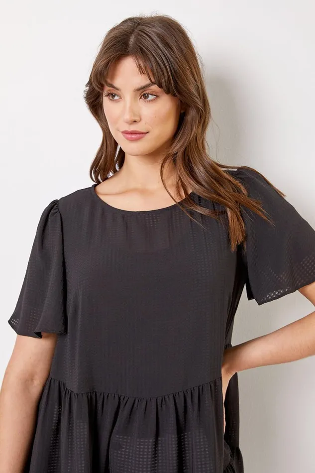 Women Black Curve Check Texture Tiered Tunic Top Roman Tops