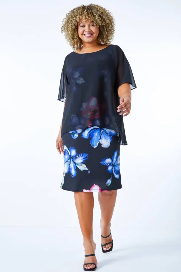 Women Black Curve Chiffon Overlay Floral Dress Roman Dresses