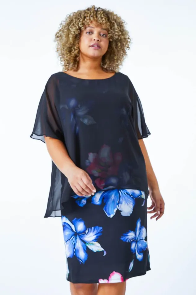 Women Black Curve Chiffon Overlay Floral Dress Roman Dresses