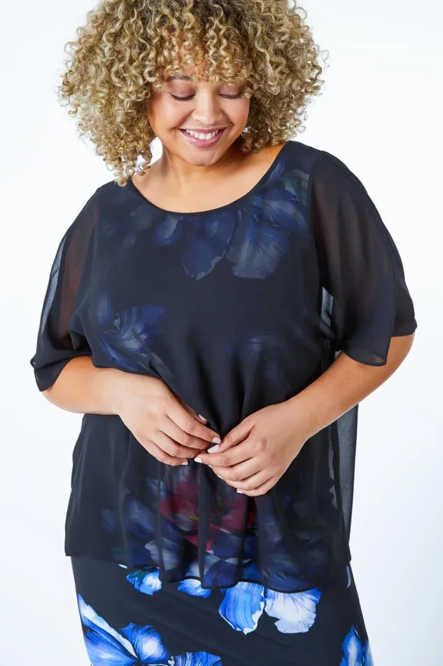 Women Black Curve Chiffon Overlay Floral Dress Roman Dresses