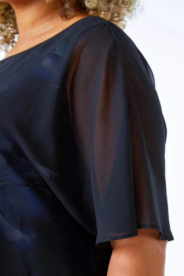 Women Black Curve Chiffon Overlay Floral Dress Roman Dresses