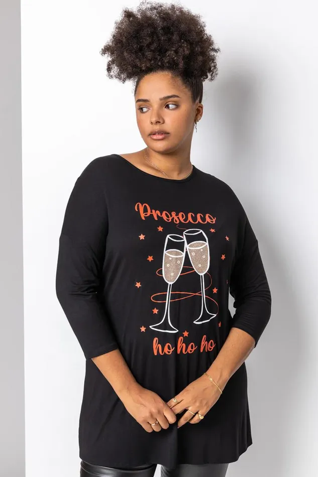 Women Black Curve Christmas Slogan Jersey Tunic Top Roman Tops