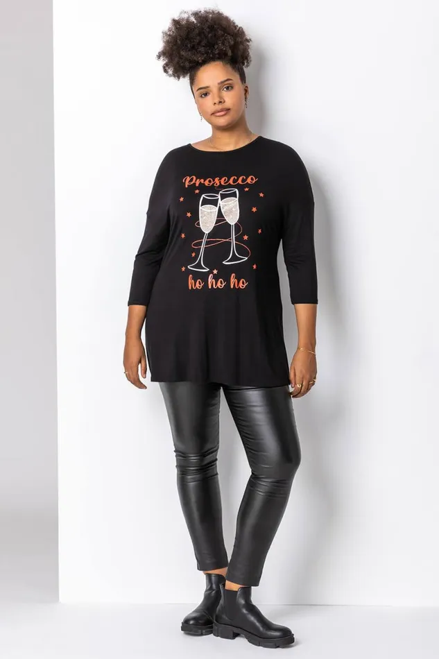 Women Black Curve Christmas Slogan Jersey Tunic Top Roman Tops