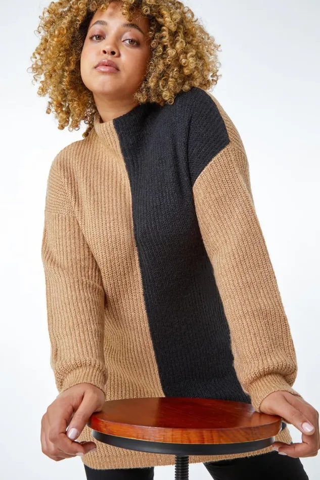 Women Black Curve Colourblock High Neck Longline Jumper Roman Knitwear