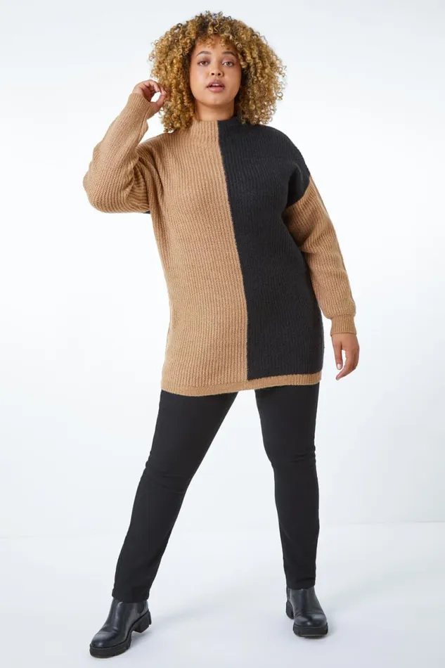 Women Black Curve Colourblock High Neck Longline Jumper Roman Knitwear