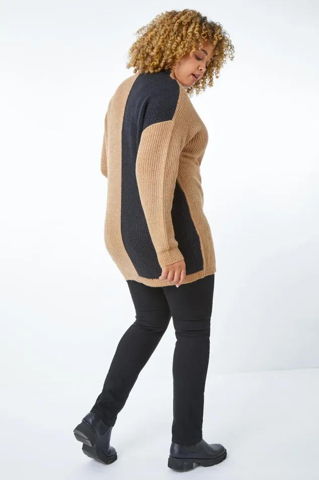Women Black Curve Colourblock High Neck Longline Jumper Roman Knitwear