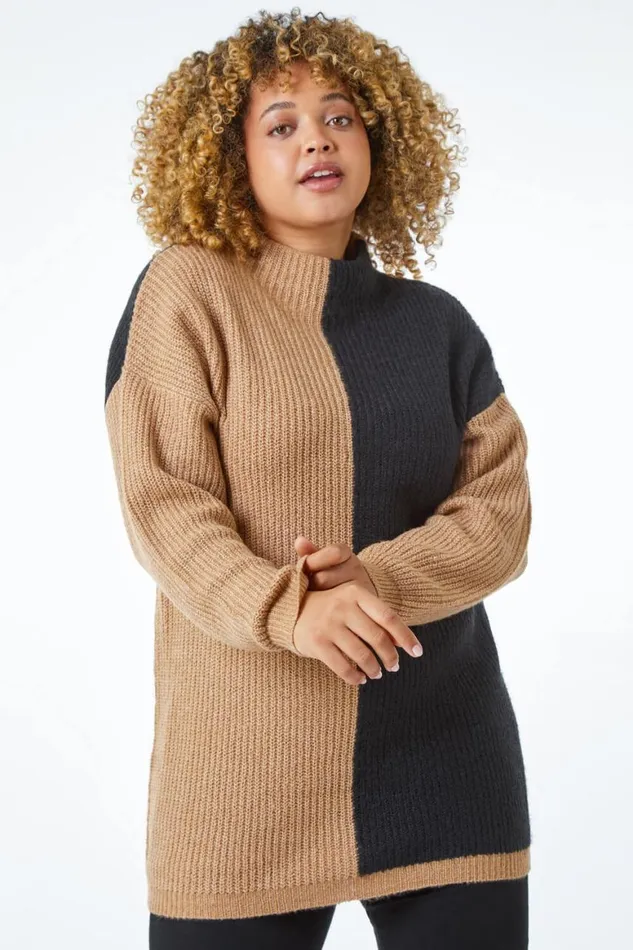 Women Black Curve Colourblock High Neck Longline Jumper Roman Knitwear