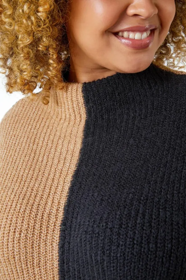 Women Black Curve Colourblock High Neck Longline Jumper Roman Knitwear
