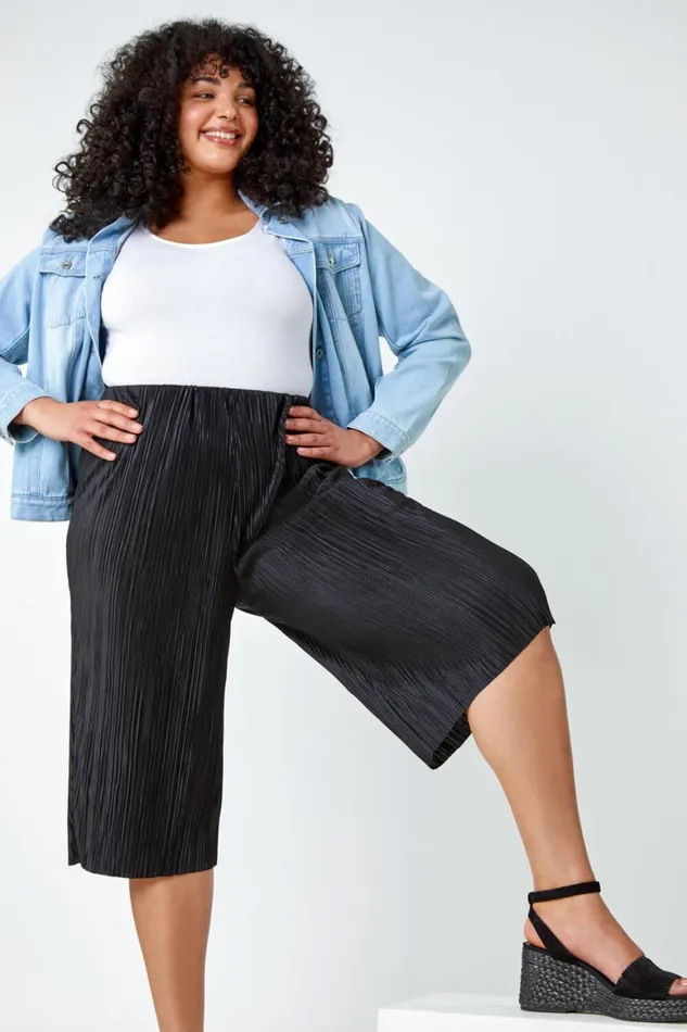Women Black Curve Elastic Waist Plisse Culotte Trousers Roman Trousers
