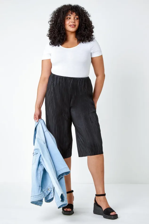 Women Black Curve Elastic Waist Plisse Culotte Trousers Roman Trousers