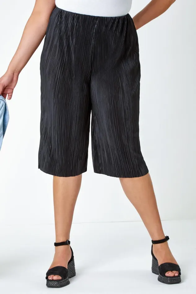 Women Black Curve Elastic Waist Plisse Culotte Trousers Roman Trousers