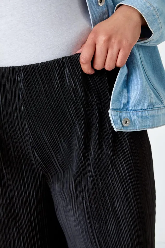Women Black Curve Elastic Waist Plisse Culotte Trousers Roman Trousers