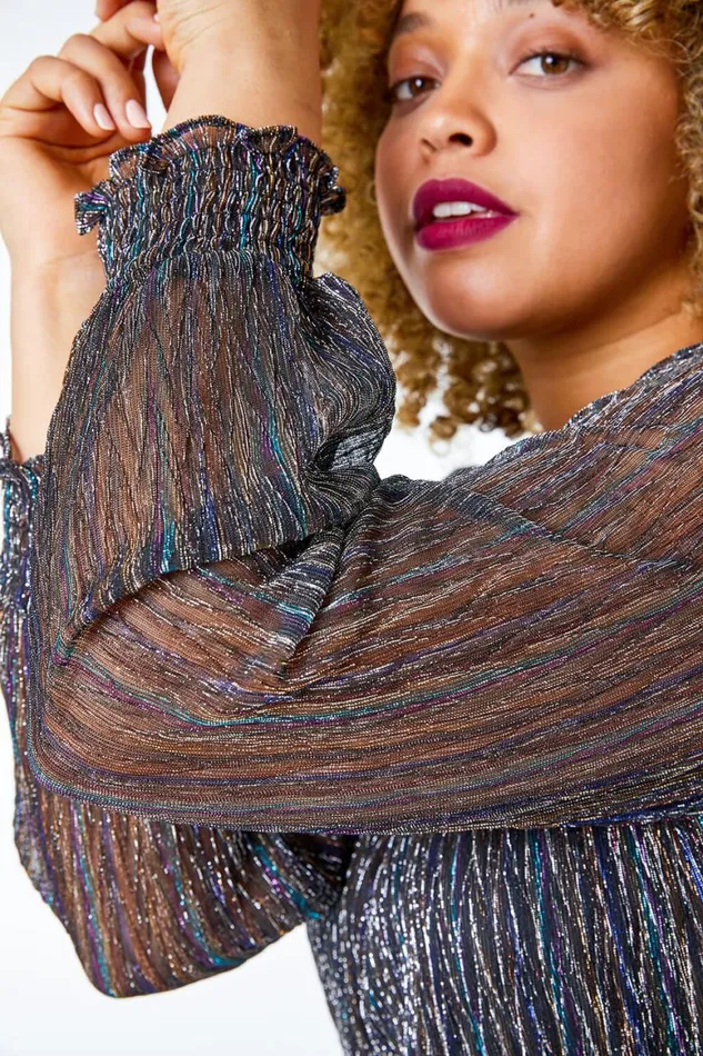Women Black Curve Foil Shimmer Plisse Top Roman Tops