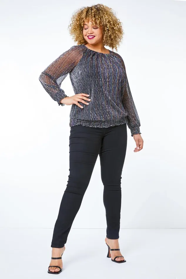 Women Black Curve Foil Shimmer Plisse Top Roman Tops
